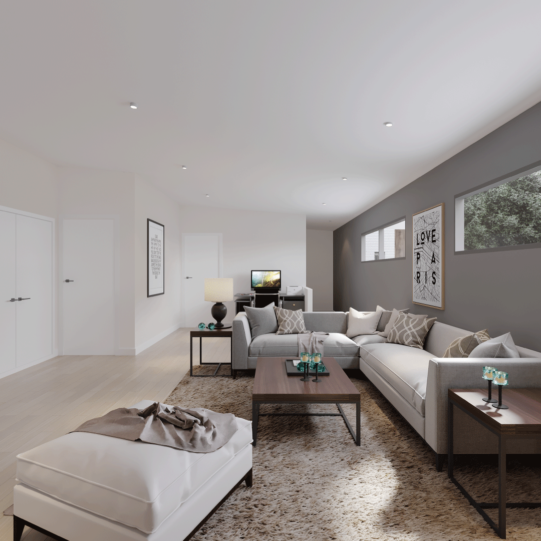 Modern custom modular home Vancouver Island — family room